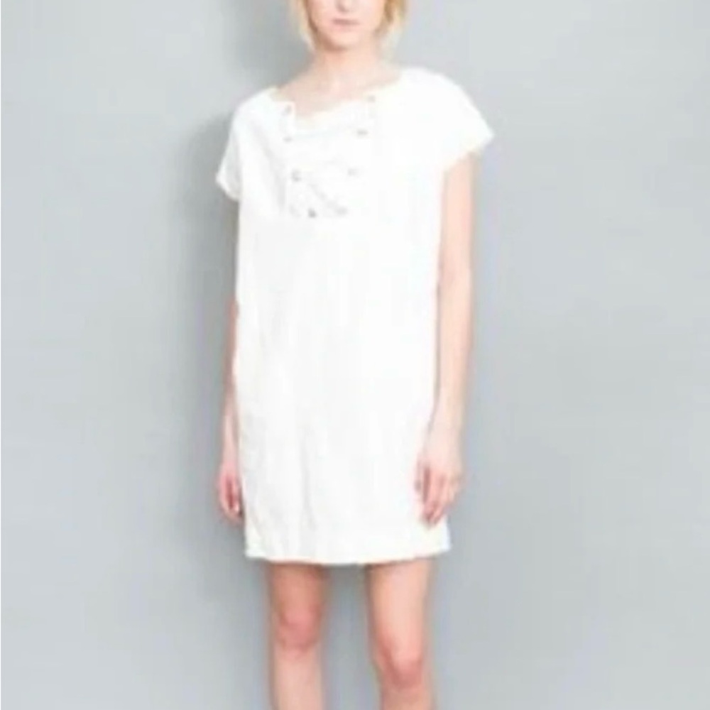 Nili Lotan White Lace Up Linen/Cotton Blend Short Sleeve Shift Dress Size XS
